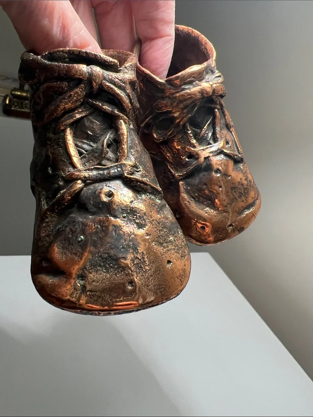Bronzed Antique Classic Baby Walker Shoes Figurine in Metallic Brown - Vintage